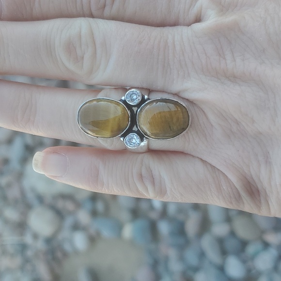New Tiger Eye and White Topaz 925 Silver Statement Ring. - Picture 2 of 12